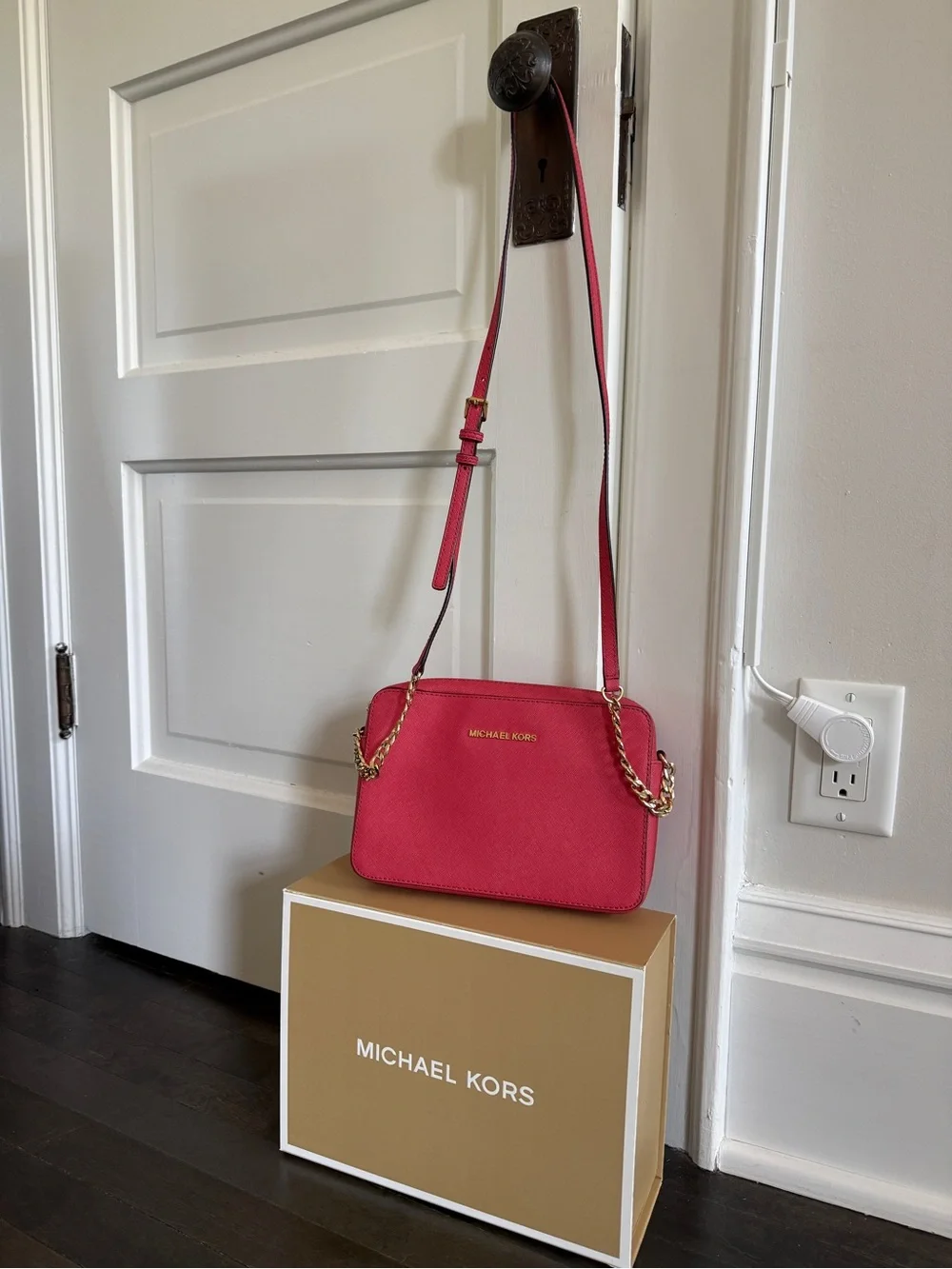 Michael Kors Pink Crossbody Camera Bag with Gold Hardware with box